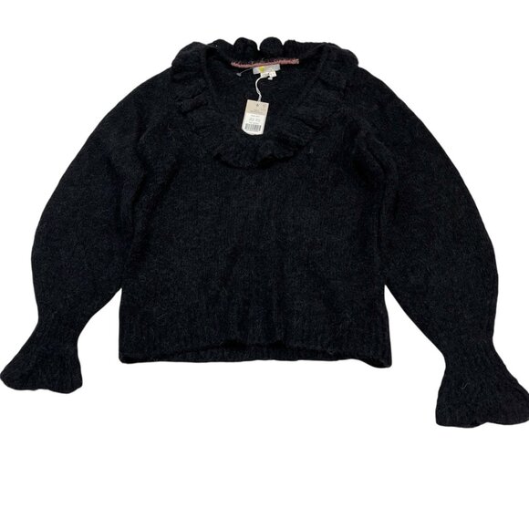 Boden Sweater Womens 6 Black Fluffy Frill Wool Blend V Neck Pullover Balloon Slv - Picture 4 of 12